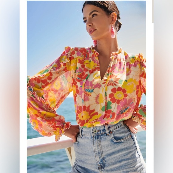 Women’s SUGARLIPS Zippy Tropical Raj Ruffle Balloon Sleeve Blouse- Size Medium - Picture 4 of 12